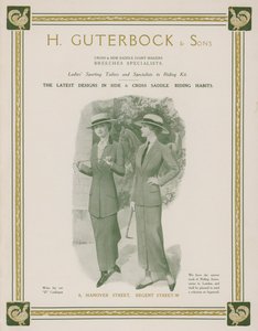 Annons för H Guterbock & Sons, sportskräddare för damer och specialister på ridutrustning (litho i färg) av English School