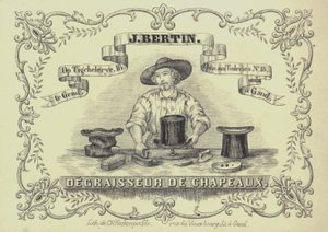 Annons för J Bertin, hattstädare, Gent, Belgien (litho) av English School