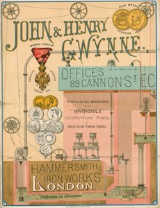 Annons för John och Henry Gwynne, 89 Cannon Street, London, tillverkare av Invincible centrifugalpumpen av English School