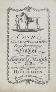 Annons för Owen, sadelmakare och selmakare, London (litografi) av English School