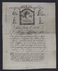Annons för Roberts, tyghandlare, Salisbury Court, Fleet Street, London, där Dr Anthony Daffy förberedde sin Elixir Salutis (gravyr) av English School