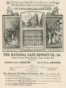 Annons för The National Safe Deposit Company, 1 Queen Victoria Street, Mansion House, London av English School