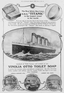 Annons för Vinolia Otto toalettvål, som användes på "Titanic", från "The Illustrated London News", 6 april 1912 (gravyr) (svartvitt foto) av English School