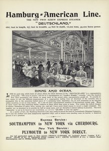 Annons för Hamburg-American Line, den nya dubbelskruvade expressångaren, Deutschland av English School