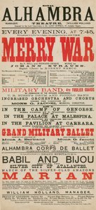 Reklam för Royal Alhambra Theatre, med Merry War av F Bell och Richard Genee med musik av Johann Strauss av English School