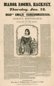 Annons för framträdandet av Mademoiselle Emile Vandermeersch, Oiseaux Merveilleux på Manor Rooms, Hackney, London av English School