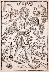 Aesop, frontispice till Aesops Fables av William Caxton (ca 1422-91), 1434 (sepiafoto)