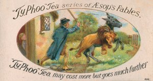 Aesops fabler: Åsnan i lejonskinnet (chromolitho) av English School