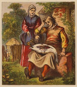 Aesops fabler: Gåsen och guldäggen (färg litho) av English School