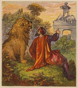 Aesops Fables: The Man and the Lion (färg litho) av English School