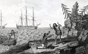 Påverkande intervju av två Mokito Men, illustration hämtad från Moores Voyages and Travels, 1778 av English School