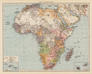 Afrika, översiktskarta (färglitografi) av English School