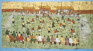Afrikansk batik som illustrerar en fotbollsmatch med folkmassor som tittar på läktaren (textil) av English School