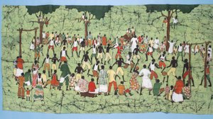 Afrikansk batik, illustration och fotbollsmatch med åskådare som tittar på (textil)