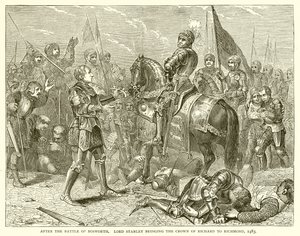 Efter slaget vid Bosworth. Lord Stanley förde Richards krona till Richmond, 1483