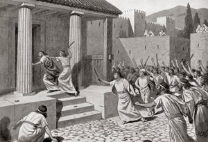 Alcander en ung man från Sparta som attackerar Lycurgus, från Hutchinson