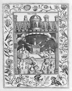 Alkemiskt laboratorium som visar olika former av ugnar och kärl, hämtat från Theatrum Chemicum Britannicum av Elias Ashmole, 1652 av English School