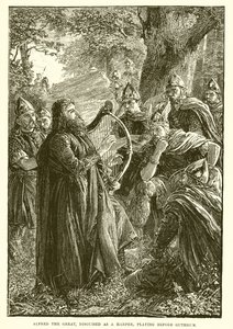 Alfred den store, förklädd till en harpare, spelar före Guthrum av English School