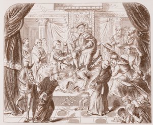 Allegorisk bild av Henrik VIII som trampar på påven Clement, från ett gammalt tryck i British Museum av English School