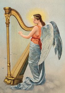 Allegorisk bild av musik, med en ängel som spelar harpa (gravyr) av English School