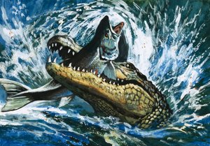 Alligator som äter fisk av English School