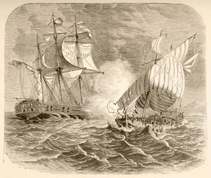 Ett amerikanskt marinfartyg fångar ett algeriskt piratskepp utanför Barbarys kust under det första barbariska kriget (litho) av English School