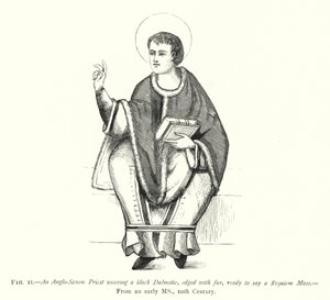 En anglosaxisk präst klädd i en svart Dalmatic, kantad med päls, redo att säga en Requiem-mässa (gravyr) av English School