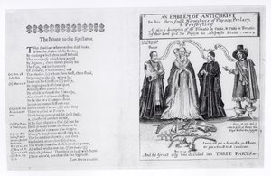 Antikrists emblem i hans trefaldiga hierarkier av påvedömet, prelatatet och presbyteriet, 1649 av English School