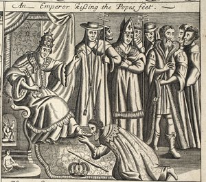 En kejsare som kysser påvens fötter, illustration från Acts and Monuments av John Foxe, nionde upplagan, pub. 1684 av English School