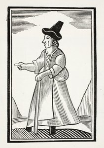 En gammal kvinna som skäller ut i en högkrönad hatt, illustration från 1700-talets kapitelböcker av John Ashton, pub. 1882 av English School