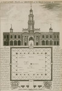 En höjd, plan och historia av Royal Exchange, London av English School