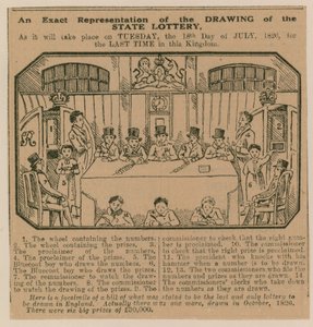 En exakt återgivning av dragningen av Statslotteriet som den kommer att äga rum den 18 juli 1826 för sista gången i riket av English School