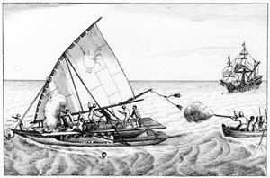En incident under Le Maires (ca 1585-1616) och Schoutens (ca 1567-1625) världsomsegling 1615-16, från volym II av Chronological History of the Voyages and Discoveries in the South Sea av English School