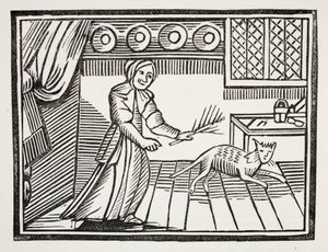 En gammal kvinna som piskar sin katt för att fånga möss på en söndag, illustration från Chap-books of the Arteenth Century av John Ashton, pub. 1882 av English School