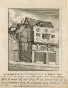 Ett gammalt hus som nu står på Little Tower Hill, London av English School
