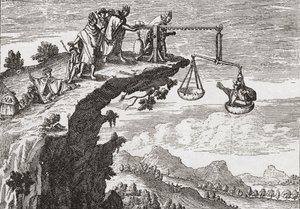 En ovanlig metod att utpressa bekännelser från brottslingar, efter en teckning från 1500-talet av Theodorus de Bry. Scenen visar brottslingen sitta i orättvisans våg medan en präst lutar sig över stupet redo att ta emot sin bekännelse. Presumabl av English School
