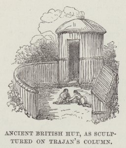 Forntida brittisk hydda, skulpterad på Trajanus kolumn (gravyr) av English School