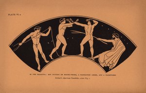 Antik grekisk utbildning: I palaistra: Pojke tar på sig boxningsgong, en lektion i pankration och en paidotribes (litografi) av English School