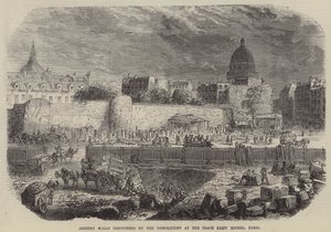 Forntida murar upptäckta vid rivningsarbetena på Place Saint Michel i Paris (gravyr) av English School