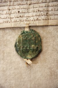 Forntida sigill med en bild av originalslottet, gjord för William de Albini IV, ca 1267 (papper och vax) av English School
