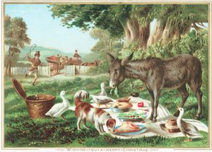 Djur som äter picknicken, julkort av English School