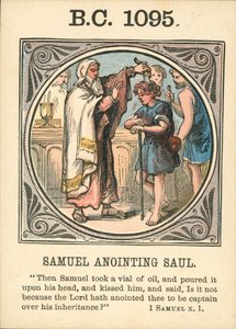 Anno Mundi: BC 1095, Samuel smörjer Saul (färglitografi) av English School