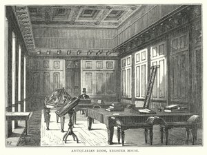 Antikvarisk rum, registerhus (gravyr) av English School