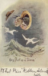 "Vilken hamn som helst i en storm" (färglitografi) av English School