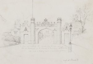 Arch i Stamford, uppförd för att välkomna drottning Victoria och prins Albert på väg till Burghley House (penna på papper) av English School