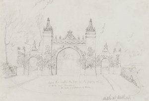 Arch i Wothorp, Cambridgeshire, uppförd för att välkomna drottning Victoria och prins Albert på väg till Burghley House av English School