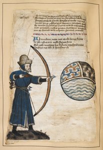 Archer (John Gower?) skjuter pilar mot världen för att träffa de onda, illustration från 