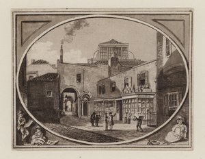 Archibald Roberton, trycksakssäljare, från Savill Row Passage, angränsande Squibs Auction Room, cirka 1790 av English School