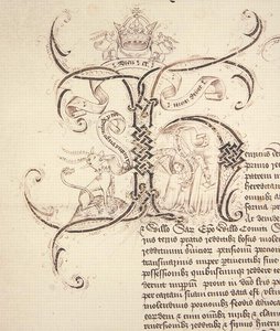 Arkiv 11980: Dekorerad initial H från kunglig charterinspelning beviljat av kung Henry VI till New College Oxford av ägorna i Newton Longville av English School