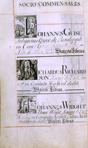 Arkiv 3693 f.60v Sida som listar tre välgörare från New College, Oxford; Johannes Guise, Richardus Richardson och Johannes Wright, från en välgörenhetsbok, 16812-84 (penna och bläck) av English School